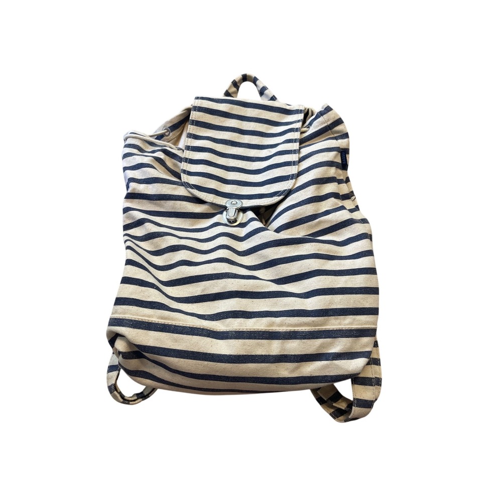 Baggu Duck Backpack Navy Blue Cream Striped Canvas Drawstring Rucksack Bag I07
